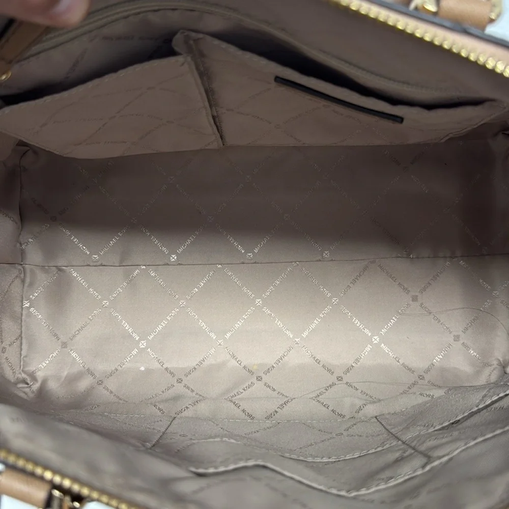 Michael Kors Camel-Beige Saffiano Leather Double Top Handles Satchel Bag Purse